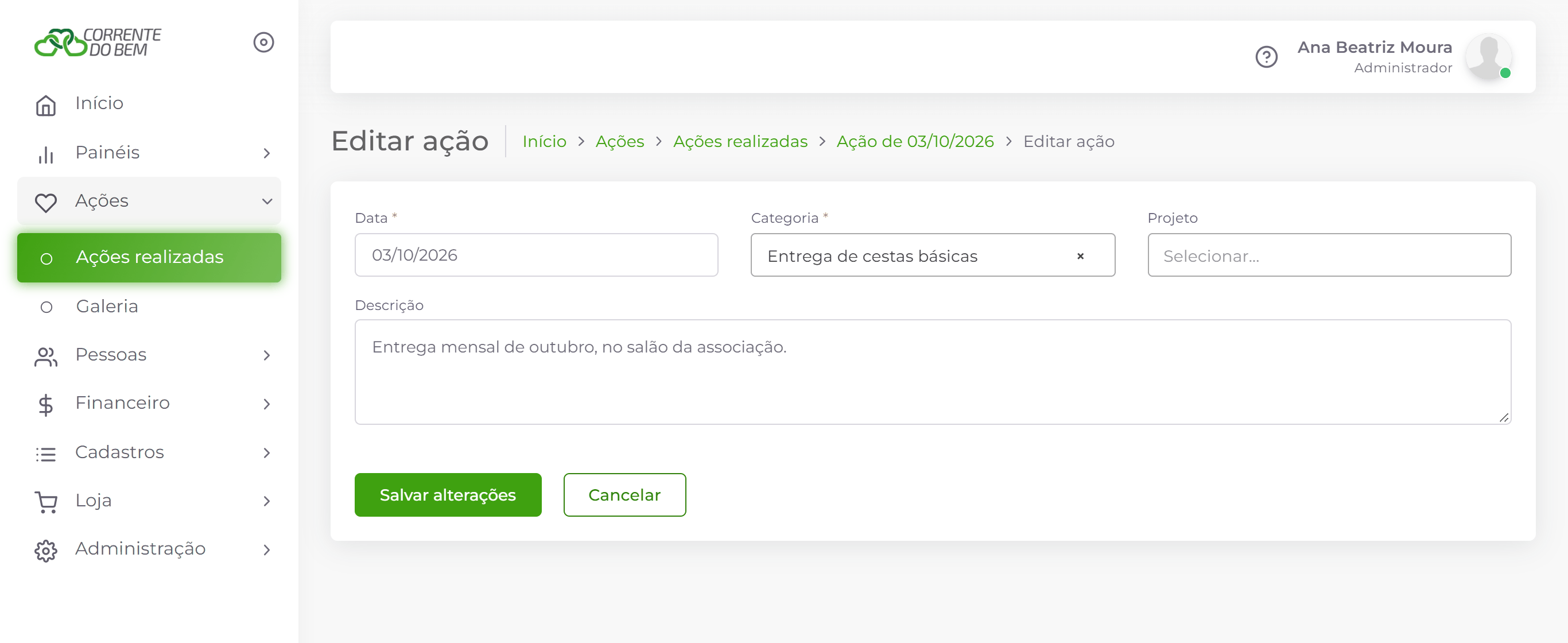 Edição da ação.
