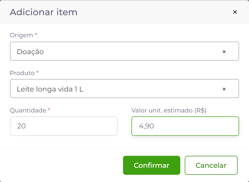 Item doado: sem fornecedor, com valor estimado.