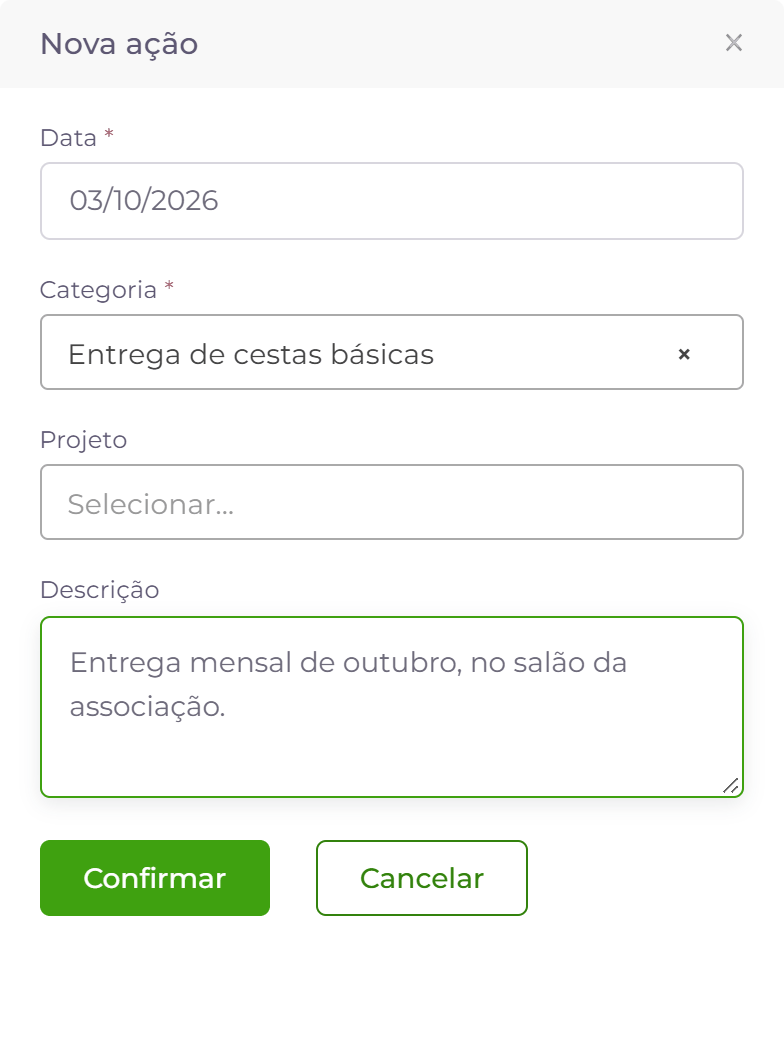 Formulário de nova ação preenchido.