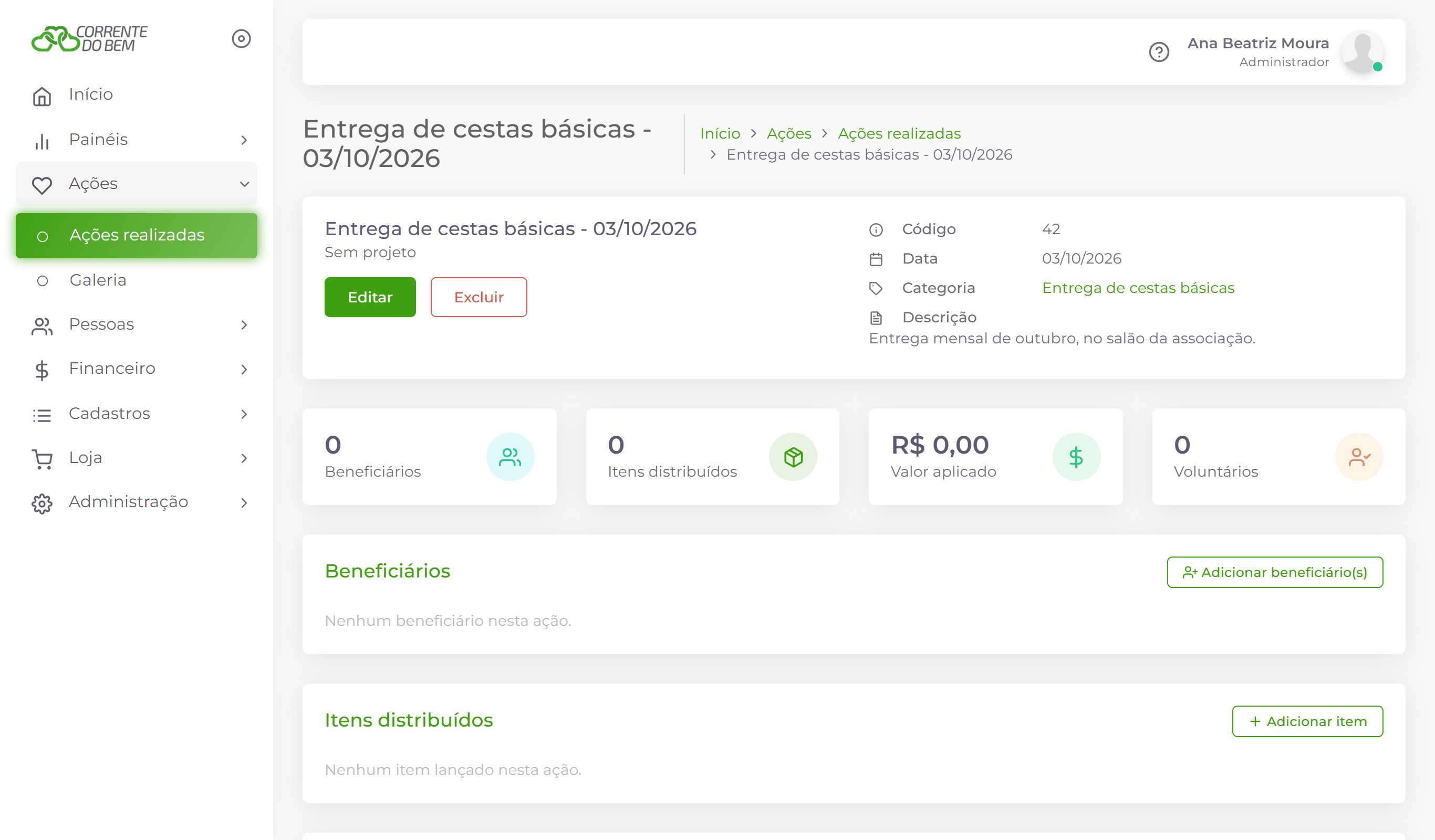 A ação recém-criada. Os indicadores estão zerados e cada bloco mostra que ainda não tem lançamentos.