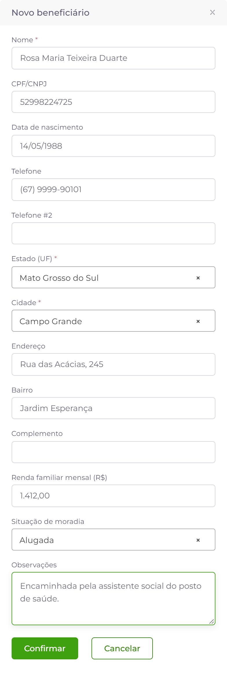 Cadastro de beneficiário preenchido.