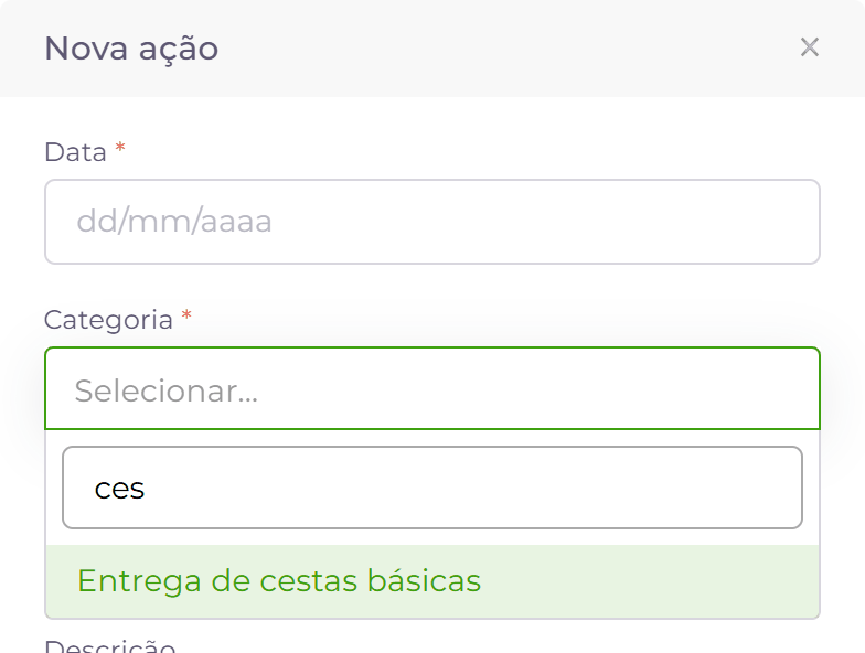 Lista de opções filtrada pelo texto digitado.