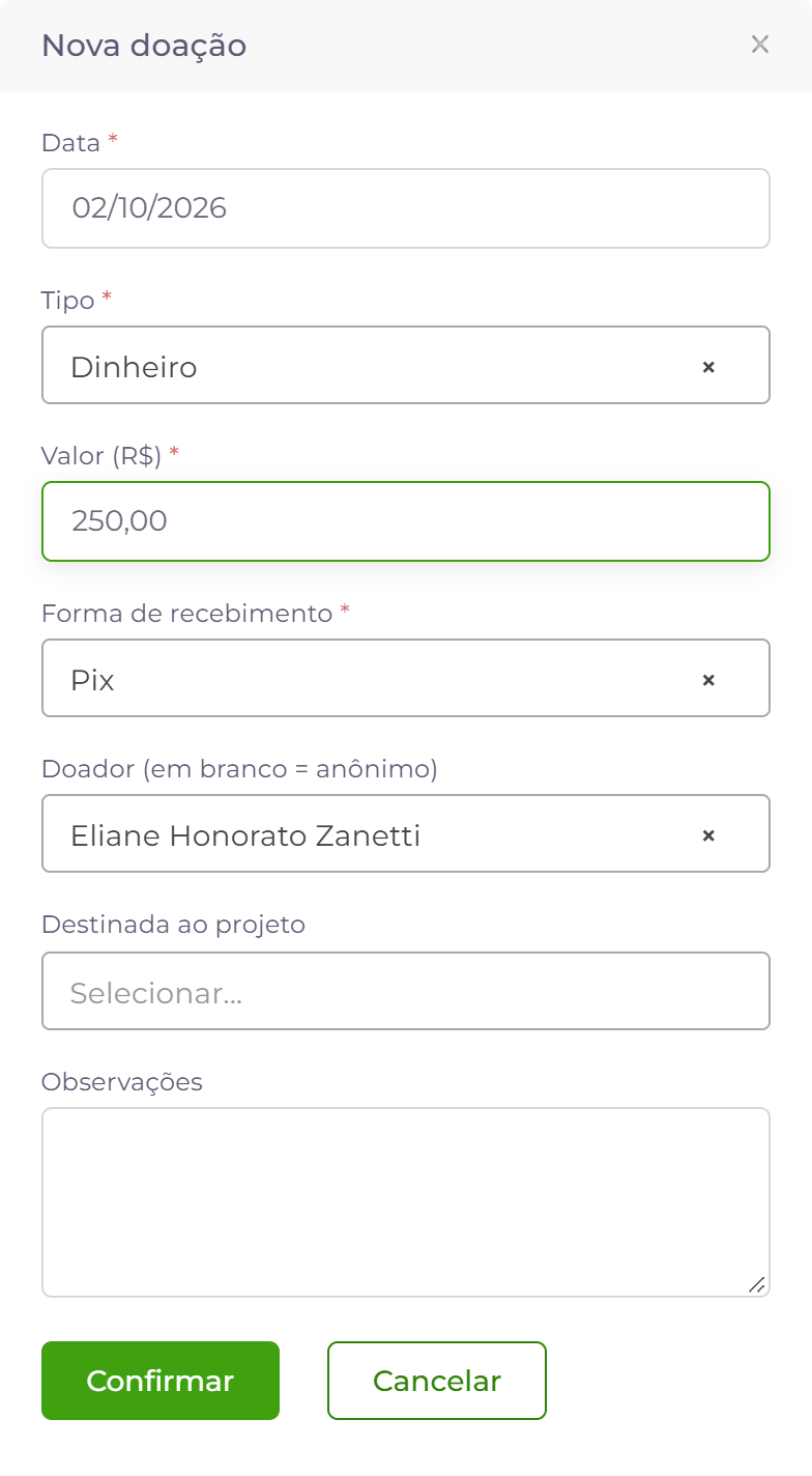 Doação em dinheiro.