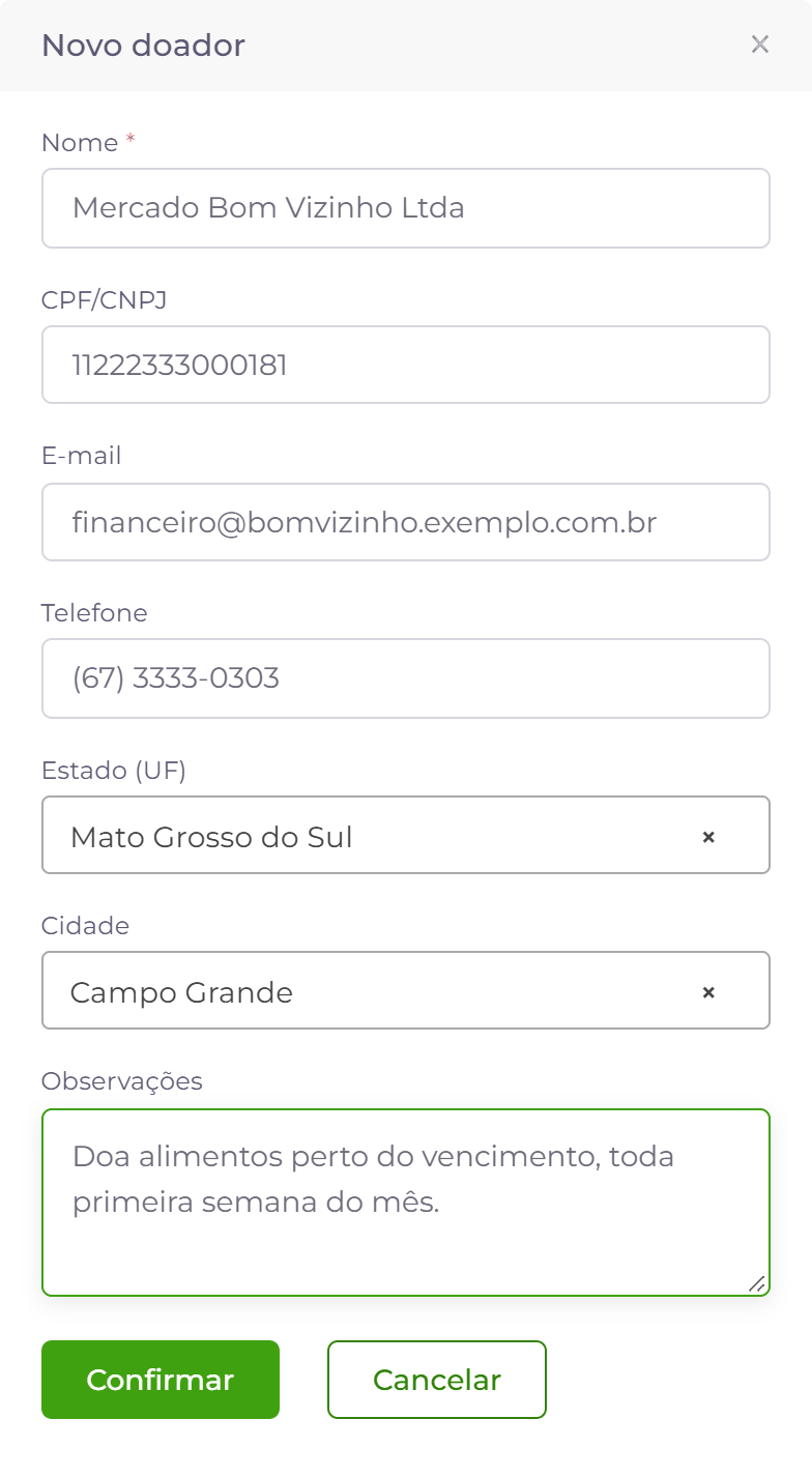 Cadastro de um doador pessoa jurídica.