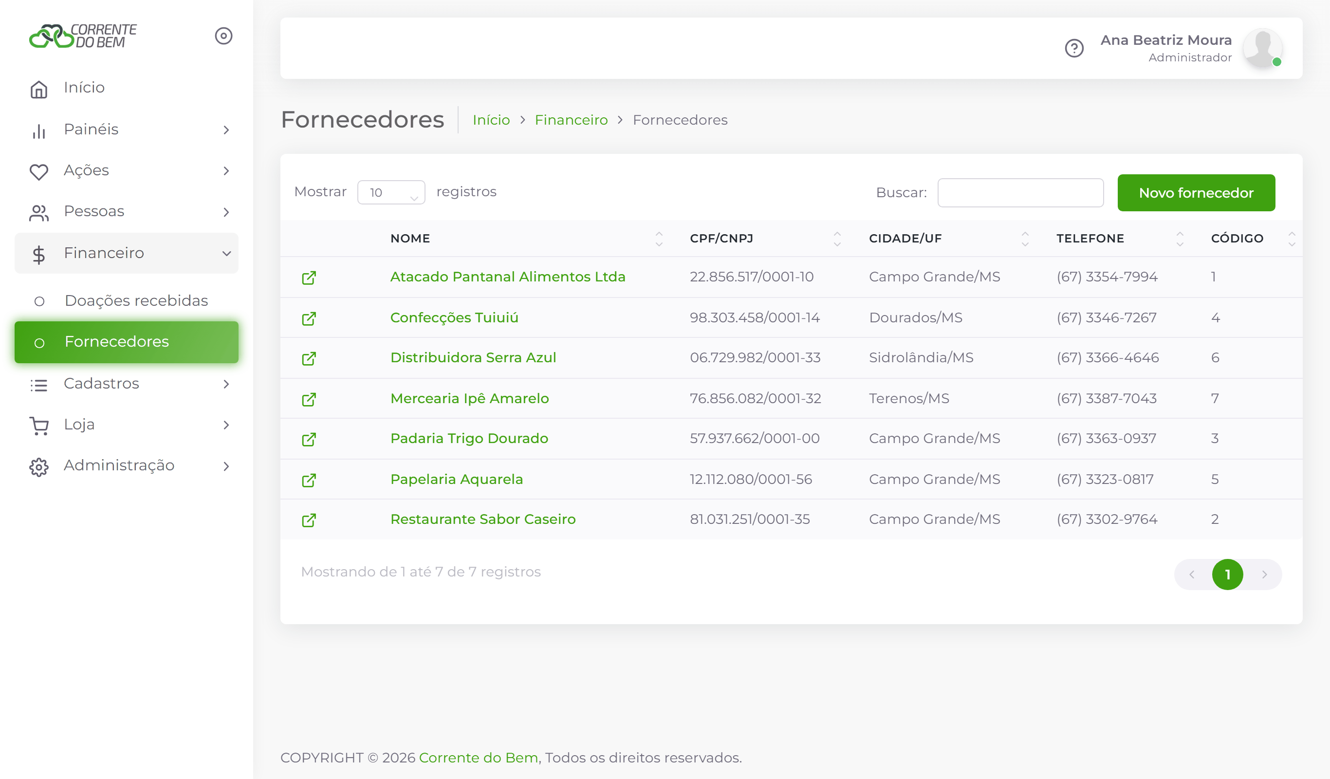 Lista de fornecedores.