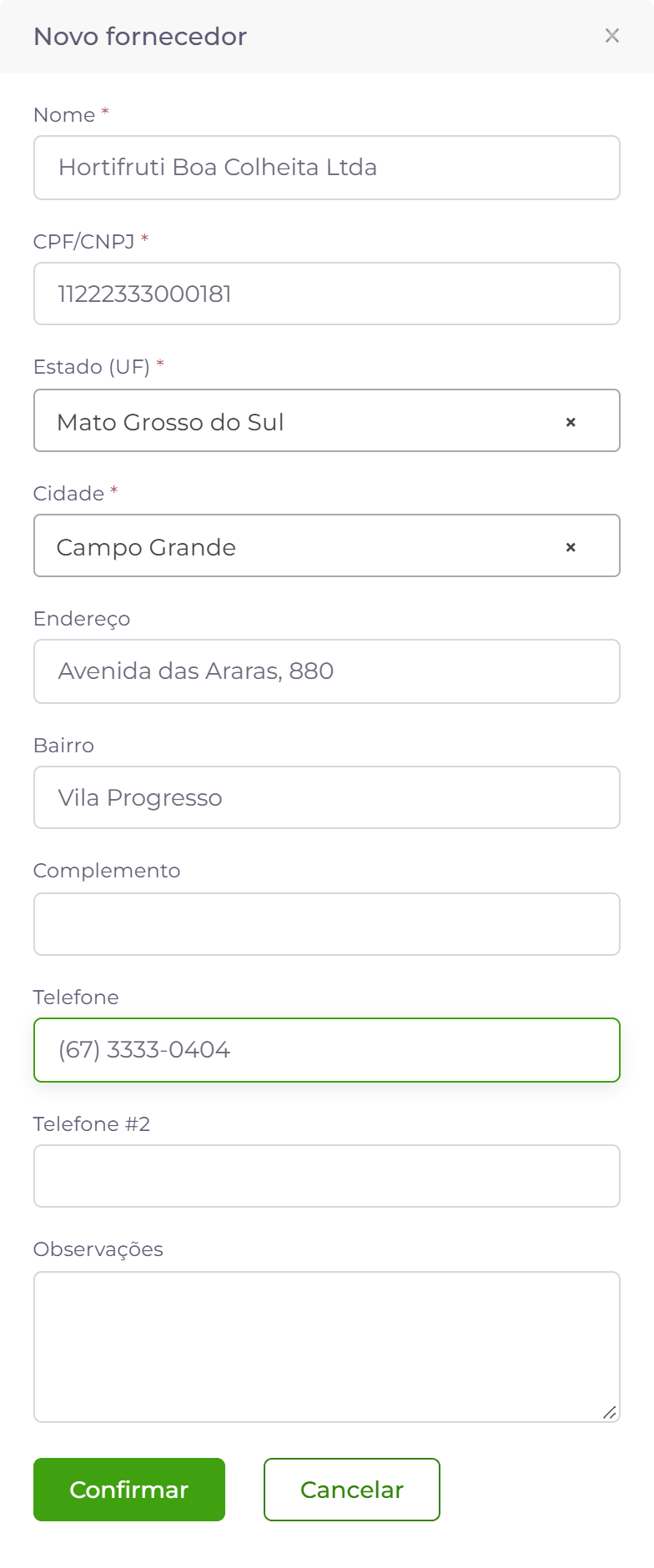 Cadastro de fornecedor.