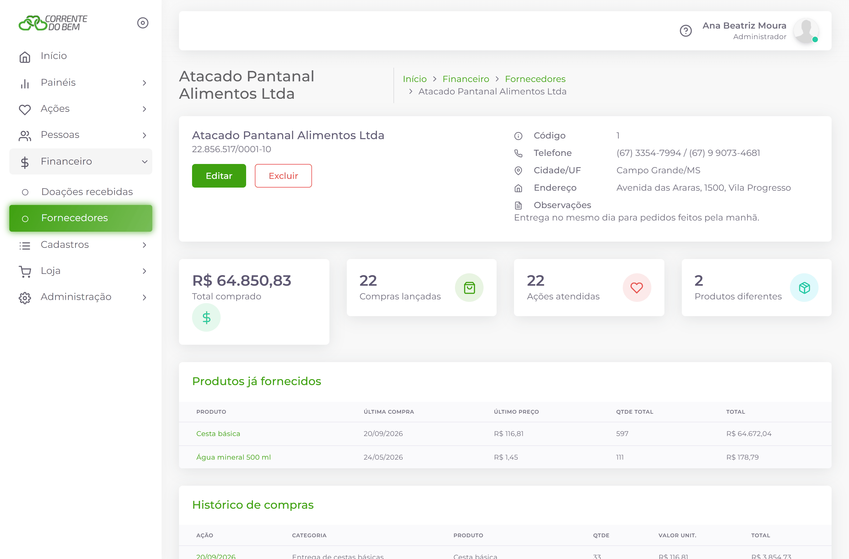 Tela de um fornecedor com compras.