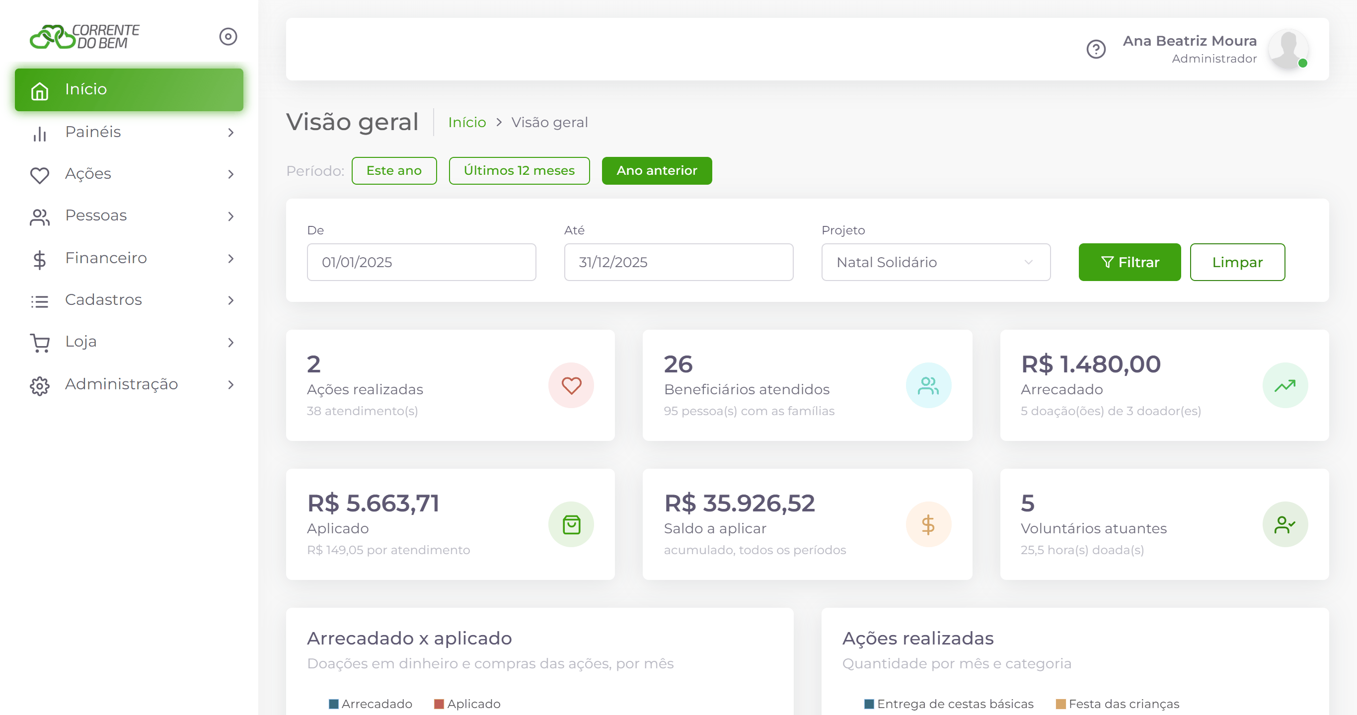 Página inicial filtrada: ano anterior, projeto Natal Solidário.