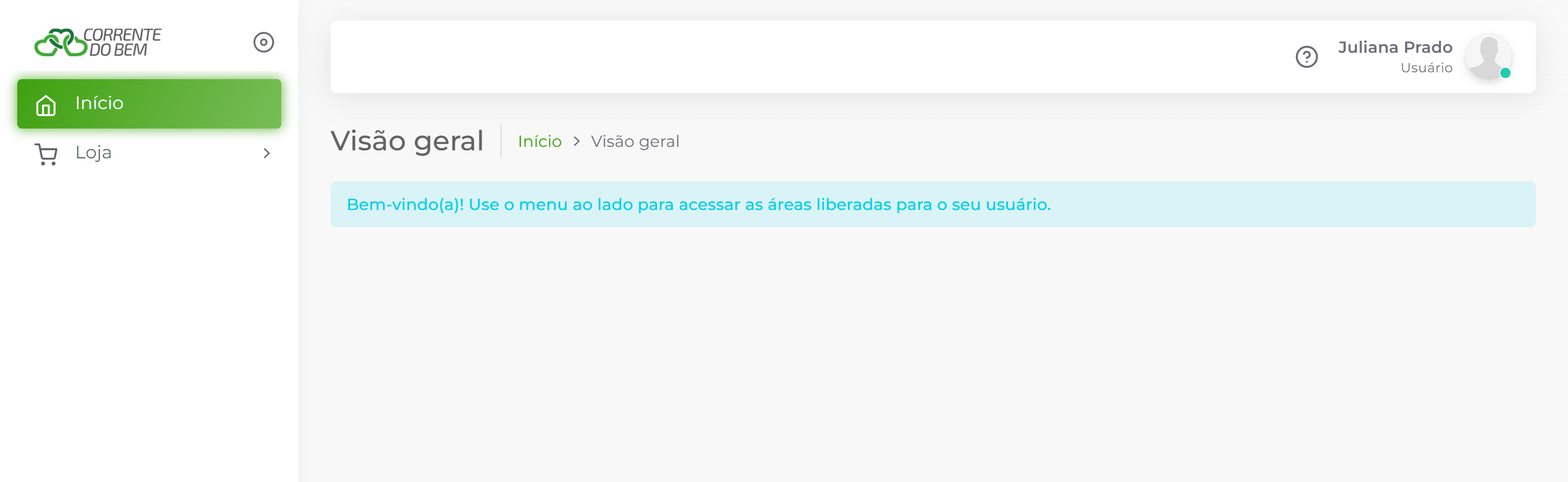 Página inicial de um usuário que só acessa a loja.