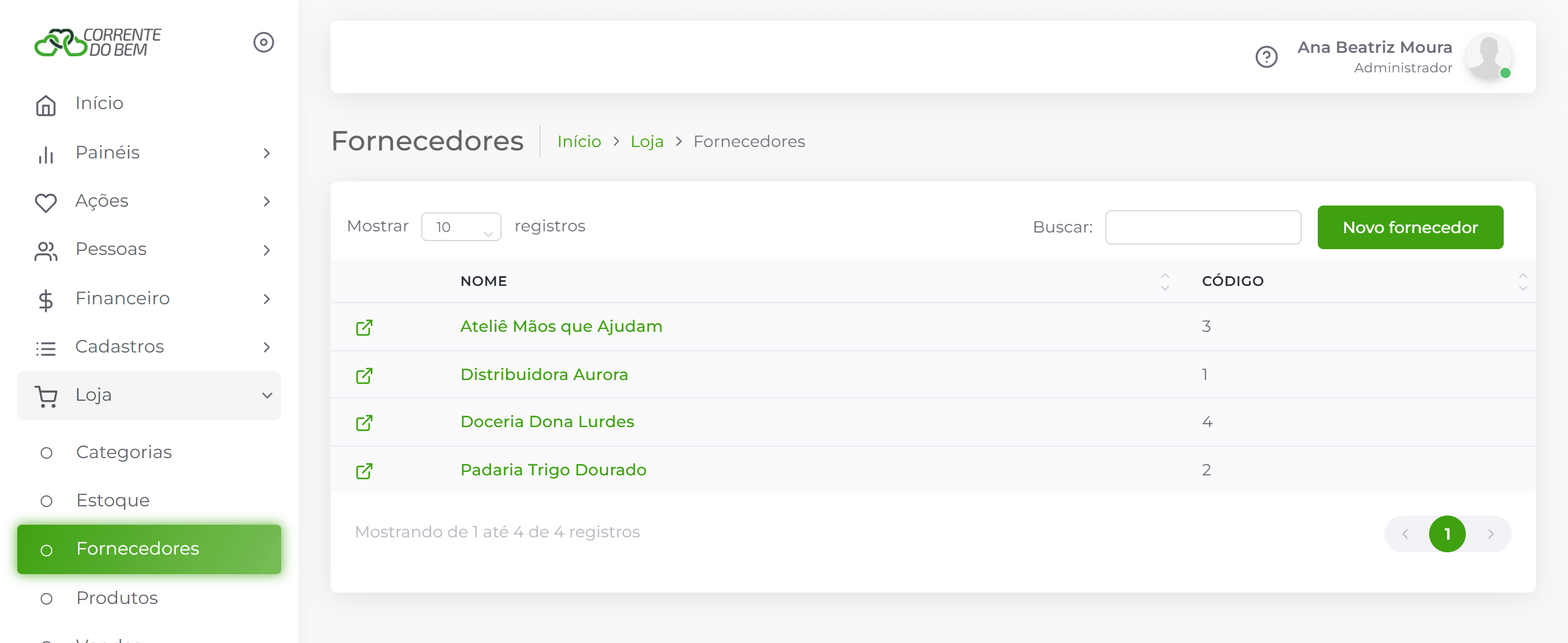 Fornecedores da loja.