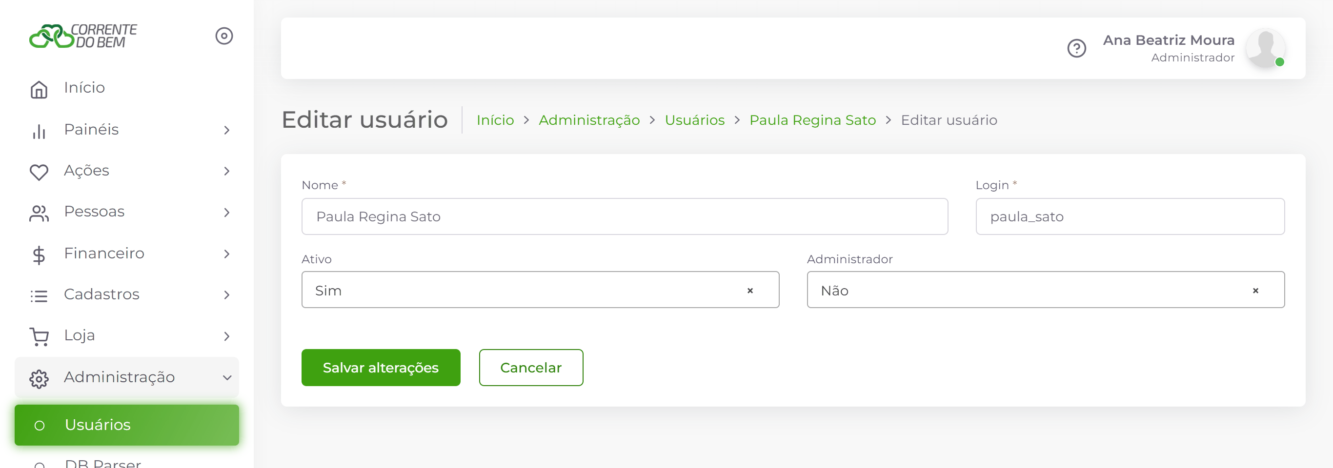 Edição do usuário.