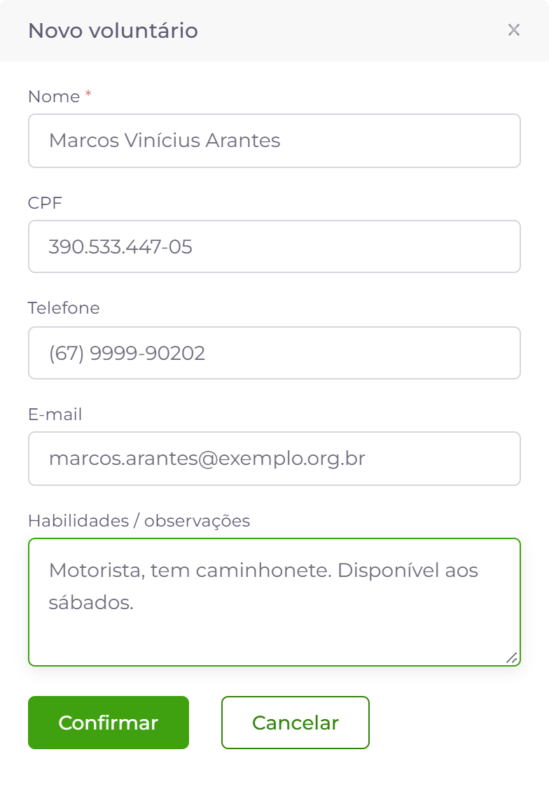 Cadastro de voluntário.